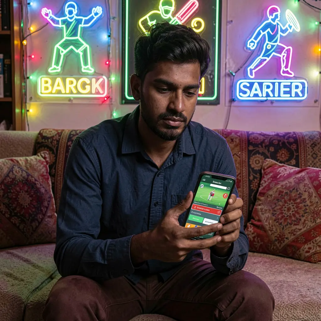 Confident Bangladeshi player using the TAKA9 sports betting app on his phone with vibrant cricket graphics and glowing icons behind him