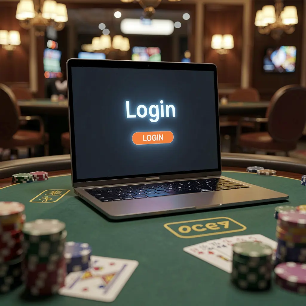 Close-up of a laptop on a casino table with poker chips and cards around it showing the TAKA9 login screen for secure access in Bangladesh
